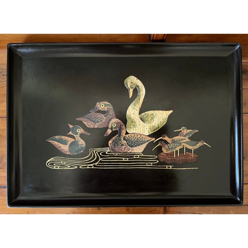 Vintage Black Couroc Tray with Wooden Inlaid Waterfowl